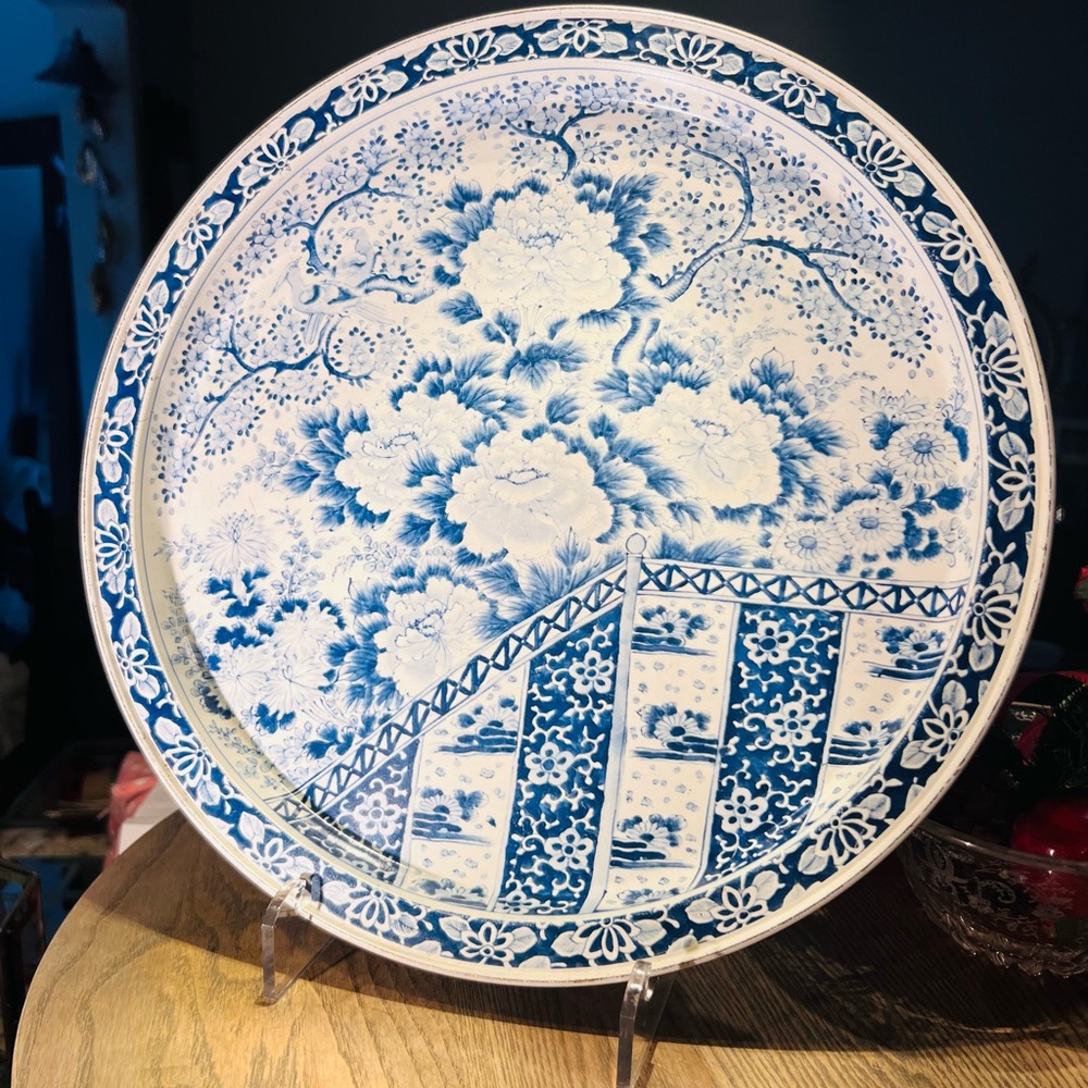 Blue and White Tin Floral Serveware 14” Plate Tray-read description in photo